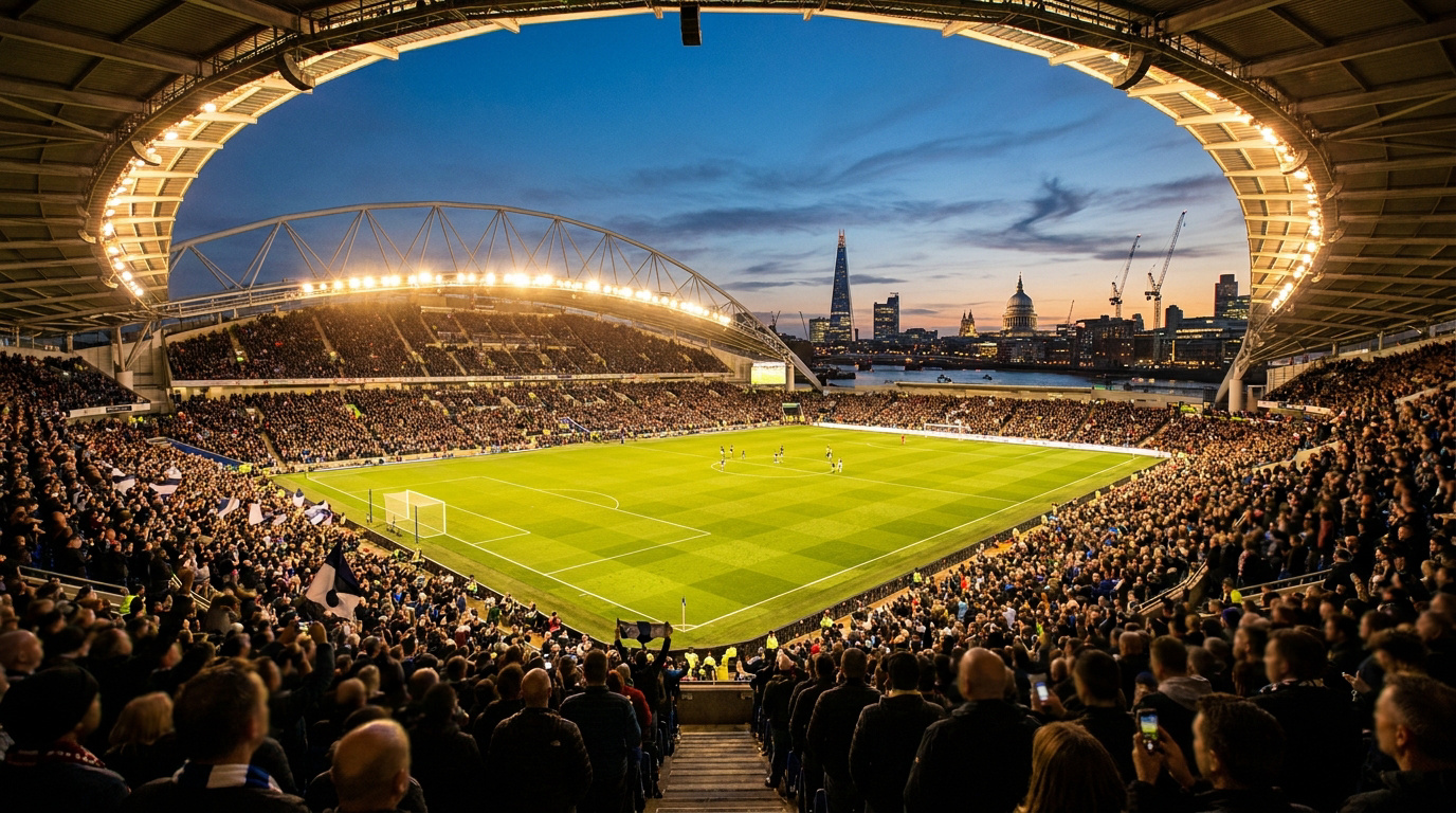 Vue panoramique d'un stade de football rempli de supporters à Londres avec la skyline de la ville en arrière-plan.